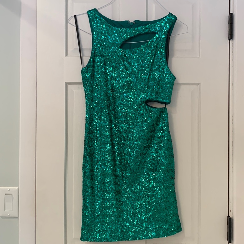 Bebe Addiction Irish green sequin party dress